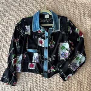 Vintage Black Floral Patch Print Top with Denim Trim